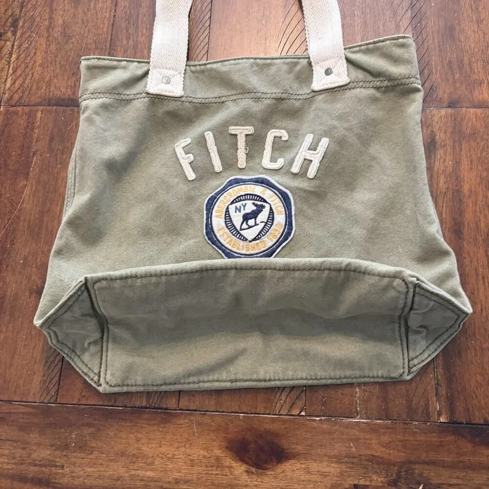 Abercrombie & Fitch Tote Bag Womens Medium Green Canvas Logo Patch Embroidered